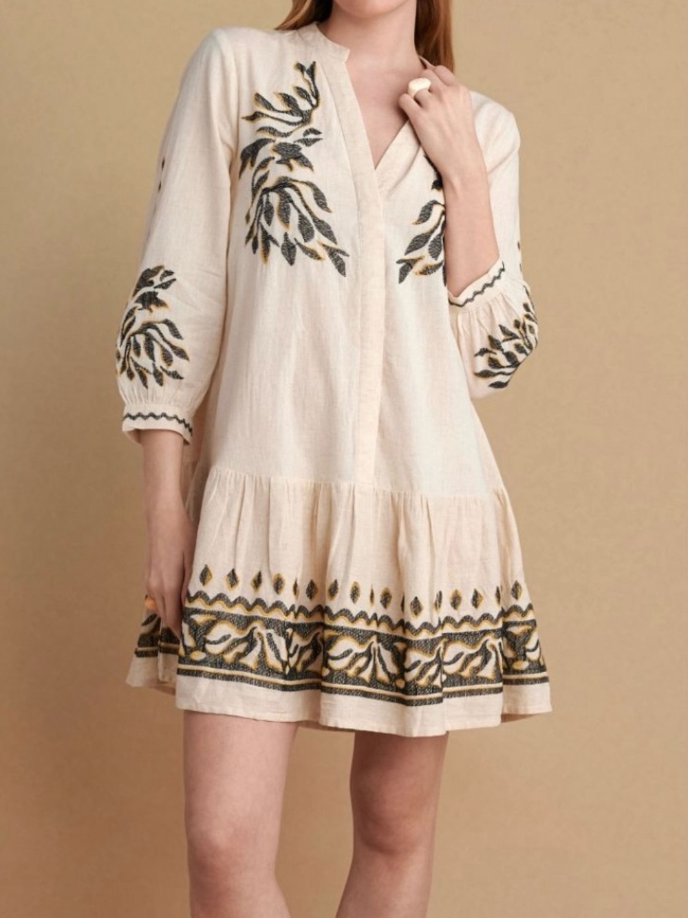 Cream Embroidered V-Neck Mini Dress with Black & Gold Motifs